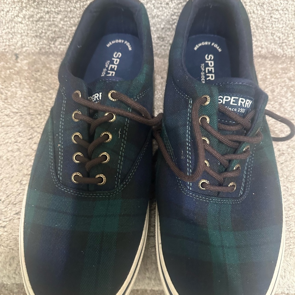 Sperry Men’s Navy & Green Plaid Canvas Boat Sneakers